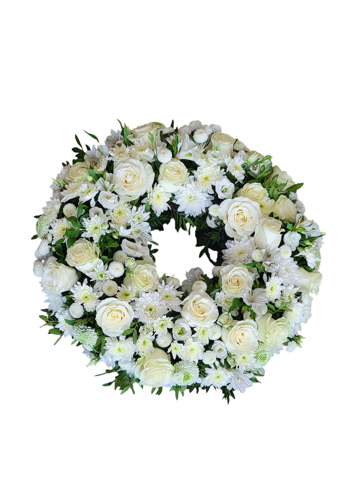Coroana funerara rotunda cu flori albe (aranjament multiplu) 80 cm diametru